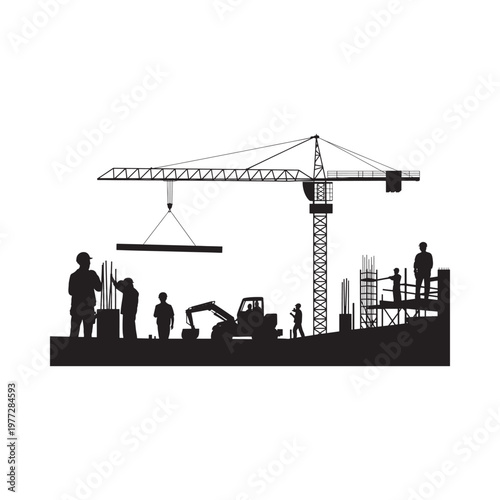 Silhouetted construction site with a tower crane and workers building structures