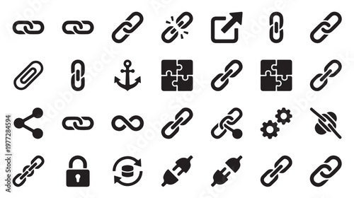 Collection of interconnected icons representing links, connections, and related concepts in various forms