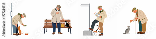Series of illustrations showing a kind senior man feeding and caring for various stray cats in different outdoor settings, vector art on white background.