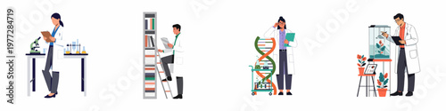 Set of scientific researchers and doctors working in a laboratory, conducting experiments, studying biology, and analyzing data in a flat vector illustration.