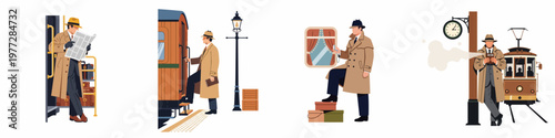 Flat illustrations of a vintage-style man in a trench coat and fedora traveling by train and tram in various historical settings.
