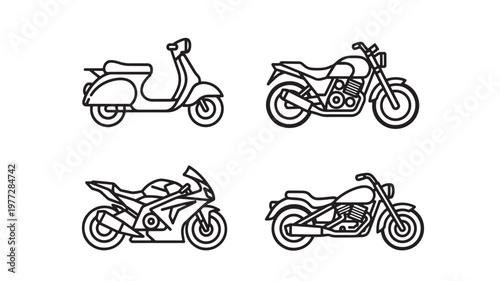 Motorcycle and scooter icon set with thin line art, showcasing different styles of vehicles. featuring bike, vehicle, transportation with transport