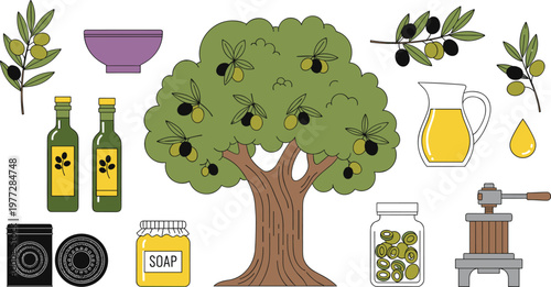 Olive Tree and Oil Production Illustration Set with Bottles Branches Soap and Press Equipment for Organic Food and Natural Product Design Collection
