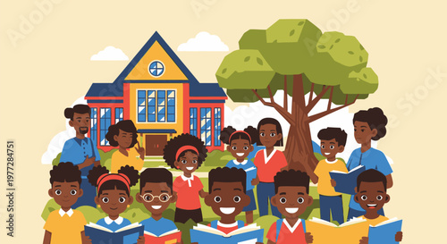 Children standing outside a school building reading books under a tree