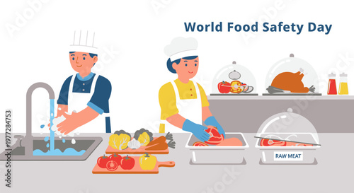 Two chefs preparing food safely on a kitchen counter for World Food Safety Day