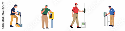 Flat vector illustrations of men in uniforms using contactless card readers for public transport, ticketing, and secure access control.