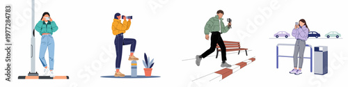 Collection of diverse people capturing moments with cameras and smartphones in urban outdoor settings, flat vector illustration.