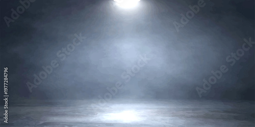 Dramatic light spotlights a textured concrete wall backdrop amidst a dark storm of clouds and mist