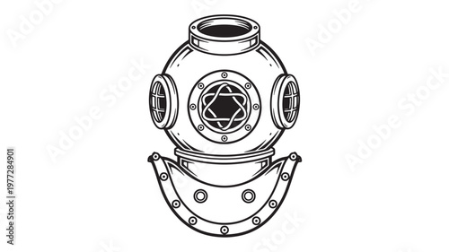 Helmet diving vintage black and white illustration with circular windows and metallic details for deep sea exploration