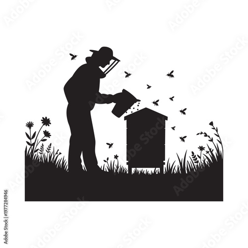 A beekeeper tending to a hive with surrounding bees and floral elements