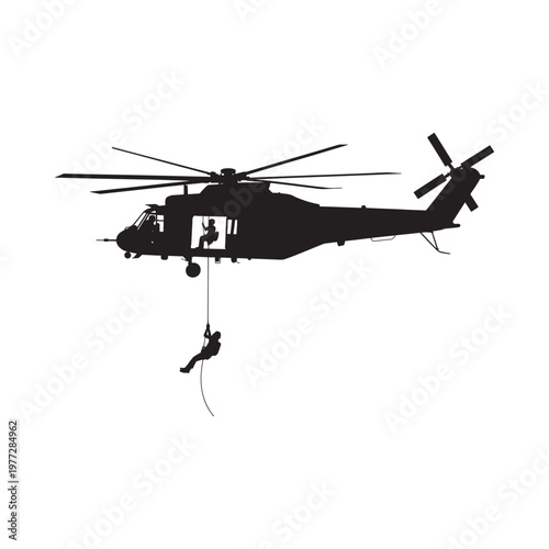 Silhouette of a helicopter with a rappelling figure descending on a rope