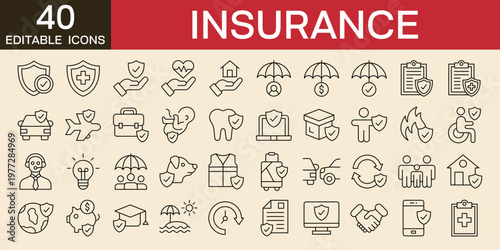 Insurance line icons set vector illustration with icons of medical, healthcare, car insurance , family insurance, shield, protection, house, travel, safety, property, life, care, pet, and more