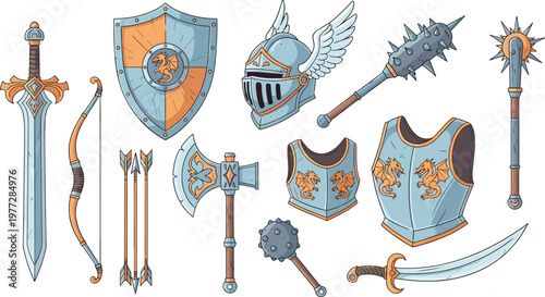 Medieval Fantasy Weapon and Armor Illustration Set with Sword Shield Helmet Bow Axe and Armor for Battle Game Design Collection