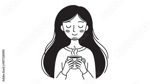 Woman holding a warm cup of coffee with closed eyes and a peaceful smile, enjoying a quiet moment. featuring hot, drink, beverage with steam and cozy