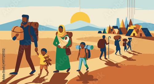 A family walks through desert with tents and mountains in the background landscape.