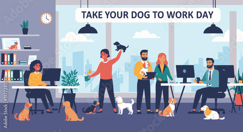 Employees celebrate Take Your Dog to Work Day in office with colleagues and pets