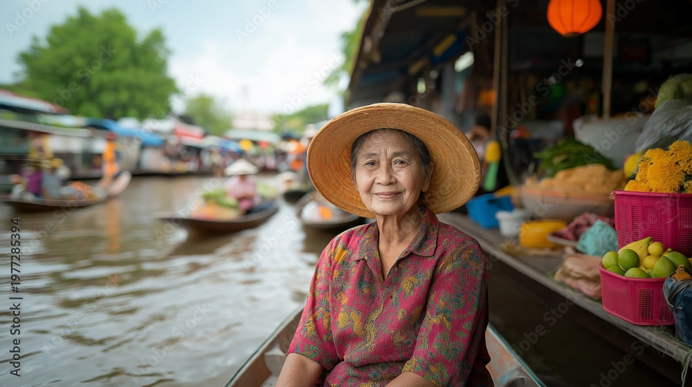 Fototapeta premium Smiling Senior Merchant at the Damnoen Saduak Floating Market in Thailand