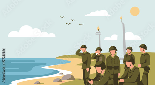Soldiers in green uniforms salute on a beach with lighthouses and a sunny sky