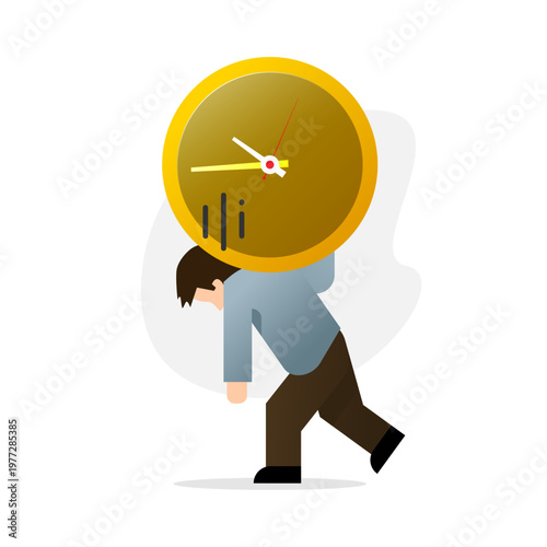 depressed man walking with head down while carrying heavy clock on his shoulder. time anxiety, pressure of deadlines, stress, burnout, fear of running out of time. Concept of mental health