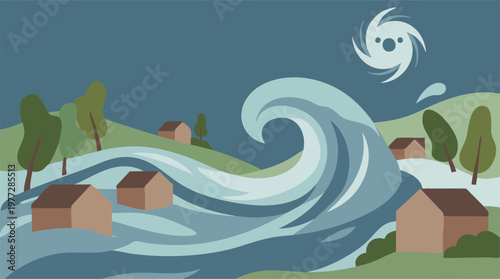 Vector Illustration of Tsunami Wave and Hurricane Symbol Over Flooded Landscape