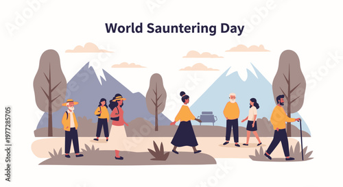 People walking on a scenic trail with mountains in the background on World Sauntering Day