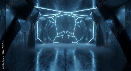 Futuristic sci fi geometric neon corridor with fog and reflections