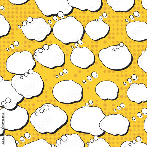 Pop style white thought bubbles on a yellow background