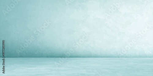 A vintage blue grunge wall meets a textured floor in an empty room, blending nature-inspired ocean waves and a summer sky surface into a seamless old paper backdrop design