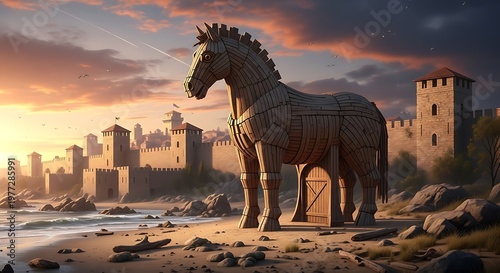 Majestic Trojan Horse Stands Guard Over Ancient City.