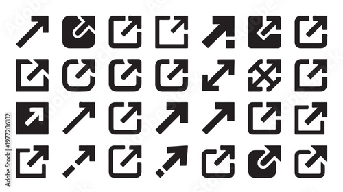 Collection of twenty-seven square box and arrow icons representing expansion, full screen, or external link actions in a minimalist black and white design