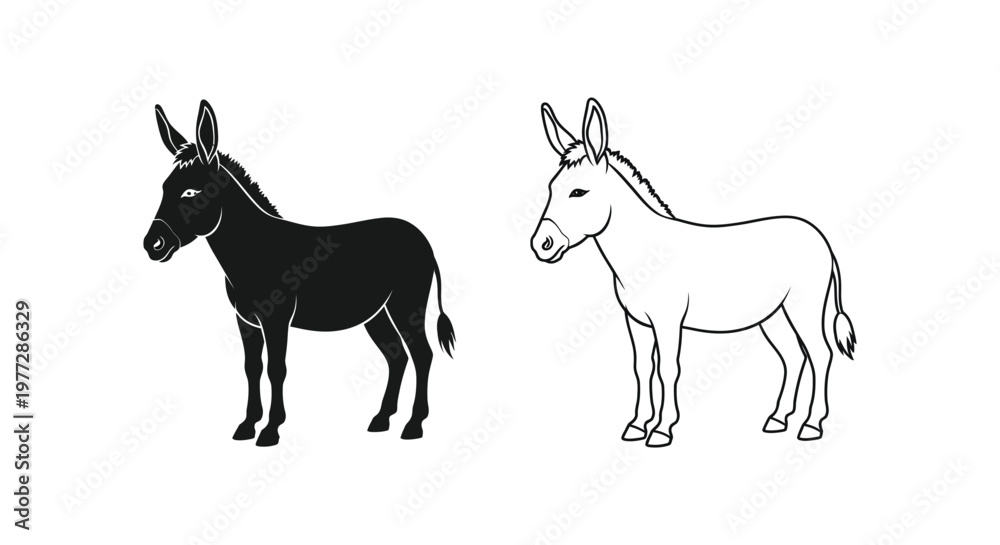 Obraz premium Donkey icons, black and white donkey illustrations, donkey vector graphics, animal symbols