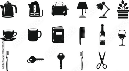 Set of household items icons including kitchen appliances, office tools and personal objects, black silhouette vector illustration collection