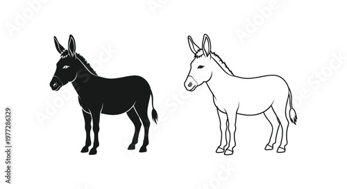 Donkey icons, black and white donkey illustrations, donkey vector graphics, animal symbols
