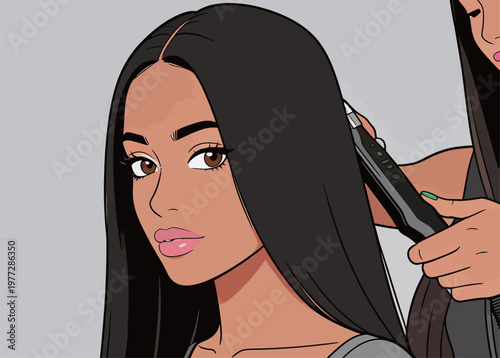 Illustration of woman getting hair styled with flat iron