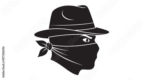 Hat and bandana on a person's head silhouette with a visible eye, representing mystery and anonymity