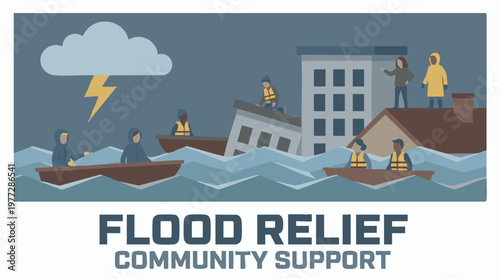 Flood Relief Community Support During Natural Disaster Illustration