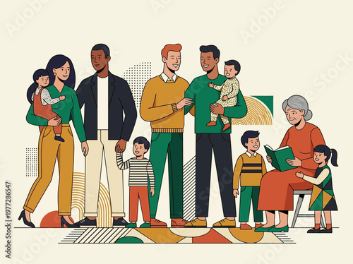 Modern Diverse Family Illustration Featuring Multi-generational Members, LGBTQ Same-Sex Couple, and Mixed Race Parents in a Flat Graphic Style