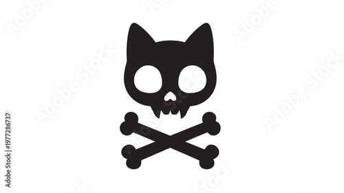 Cat skull and crossbones icon with large hollow eyes and sharp fangs, a symbol of danger and mystery.
