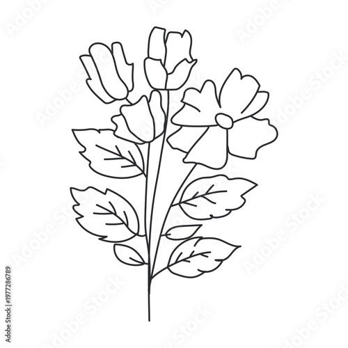 Flower Minimalist Line Art Drawing of Delicate Blooms and Leaves
