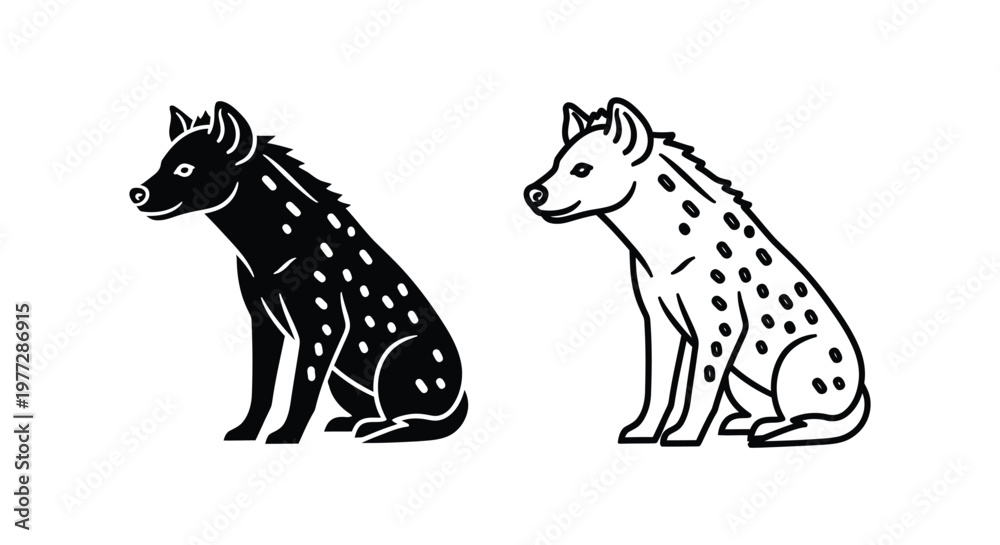 Fototapeta premium Spotted hyena icons, black and white illustrations, animal symbols, vector graphics