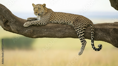 African Leopard Resting on Tree Branch in Serengeti National Park