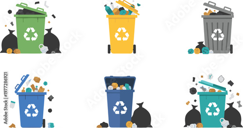 Recycling Trash Bin Illustration Set with Waste Sorting Garbage Containers and Environmental Cleanup Design for Eco Friendly Sustainability Collection