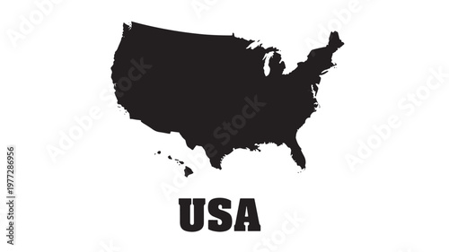 Silhouette map of the United States of America with the word USA below. featuring black and white, country, nation with geography and cartography