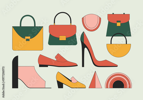 Minimalist collection of women's fashion accessories including handbags, high heels, loafers, and purses in retro geometric style and warm earth tones.