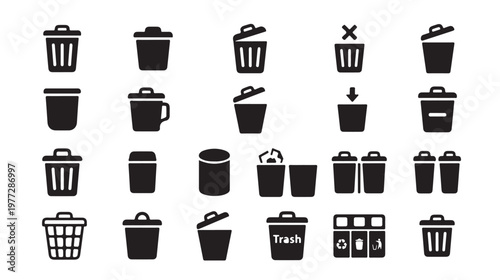 Set of trash cans and recycling bins, various designs and styles, illustrated icons for waste management and disposal