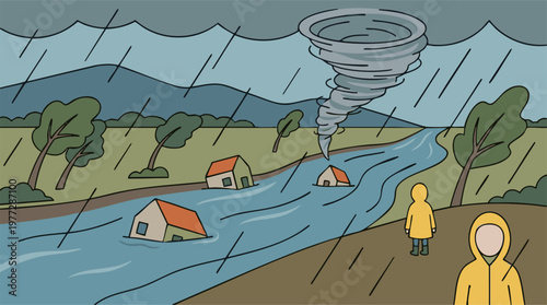 Illustration of natural disaster with tornado, flood, and heavy rain