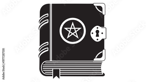 Book occult ancient with pentagram symbol, keyhole lock, and ribbon bookmark, representing magic and mystery.