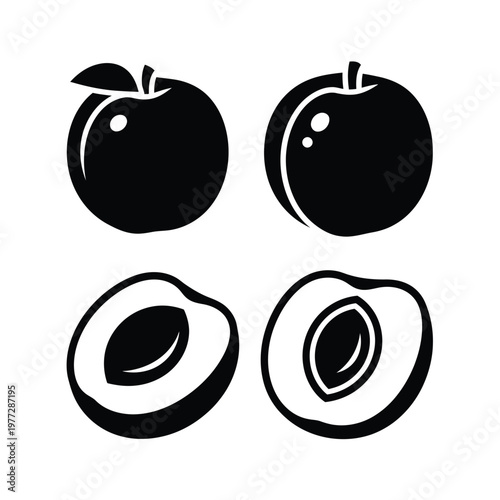 Black Silhouette Icons of Whole and Halved Peaches
