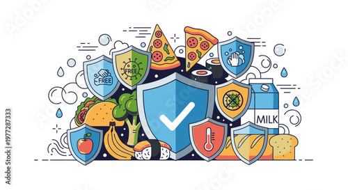 A colorful illustration showcasing various food and drink items surrounded by protective shields.