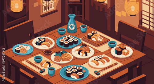 A traditional Japanese meal is served on a wooden table indoors.